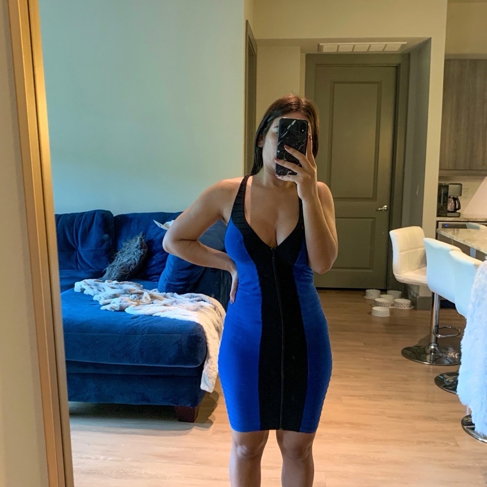 Zip Front Blue and Black Sleeveless Scuba Dress